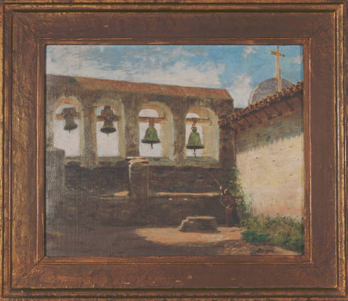 George M. Stone, Mission Bells San Juan Capistrano, ca. 1912, oil on canvas board, 14 5/8 x 18 …