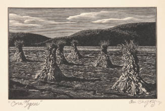 Asa Cheffetz, Corn Tepees, 1938, wood engraving, 2 13/16 x 4 9/16 in., Kansas State University,…
