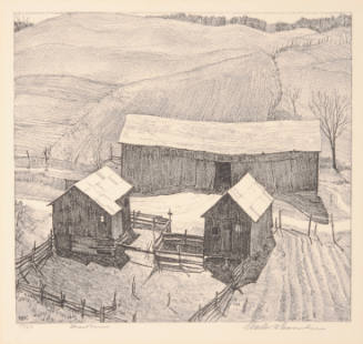 Walter Henry Casebeer, Three Barns, 1933, lithograph, 8 7/8 x 9 3/4 in., Kansas State Universit…