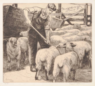 Eugenie Fish Glaman, The Feeding Pen, 1935, lithograph, 8 7/8 x 9 7/8 in., Kansas State Univers…