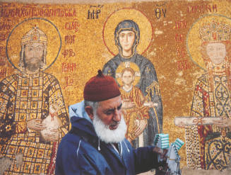 Title unknown (man in knit cap in front of mosaic tiled wall)