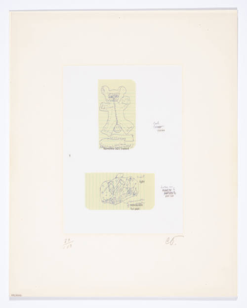 Claes Oldenburg, Designs for a cat carrier, 1972, lithograph on paper mounted on cardstock with…