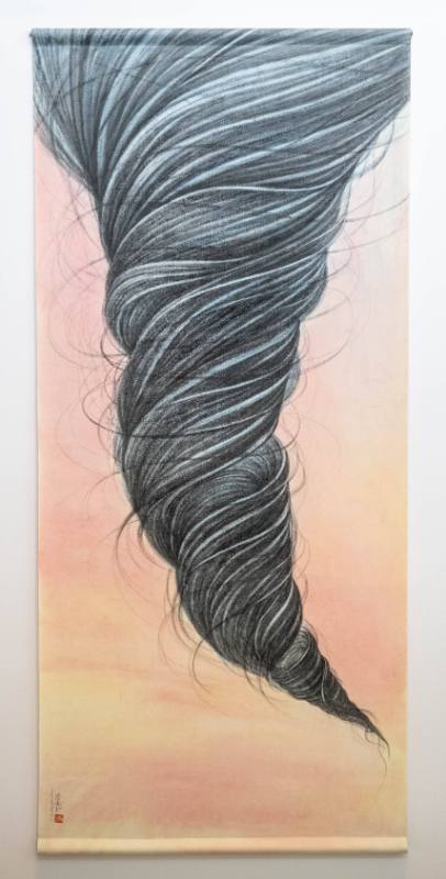 Hong Chun Zhang, Sunset Twister, 2023, ink on fabric, 42 x 96 in., KSU, Marianna Kistler Beach …