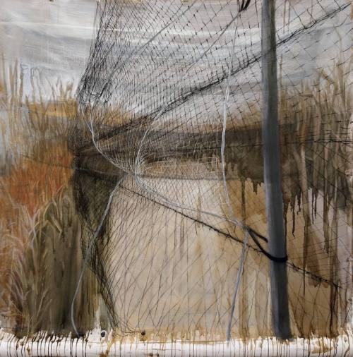 Kelly Yarbrough, Trap Happy: Mist Net, 2023, walnut ink, acrylic, charcoal and graphite on pape…