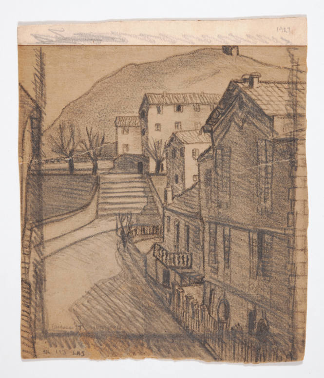 Mary Huntoon, Cargése, 1927, graphite with crayon on chipboard with cardstock glued to top, 8 x…