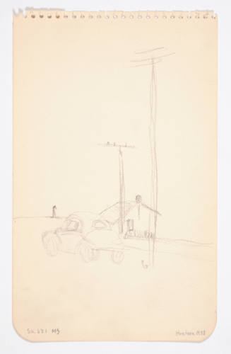 Mary Huntoon, title unknown (car and telephone poles), 1950, graphite on paper, 7 7/8 x 4 13/16…