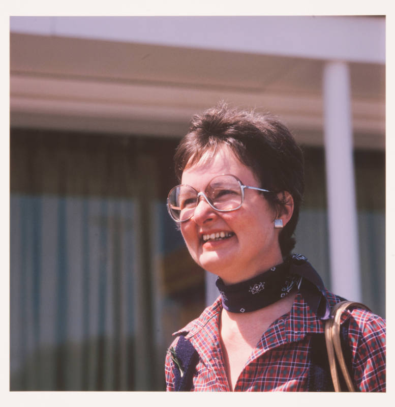 Marjorie Schick (jewelry professor, Pittsburg State University), outside restaurant, Wichita, Kansas, September 4, 1982