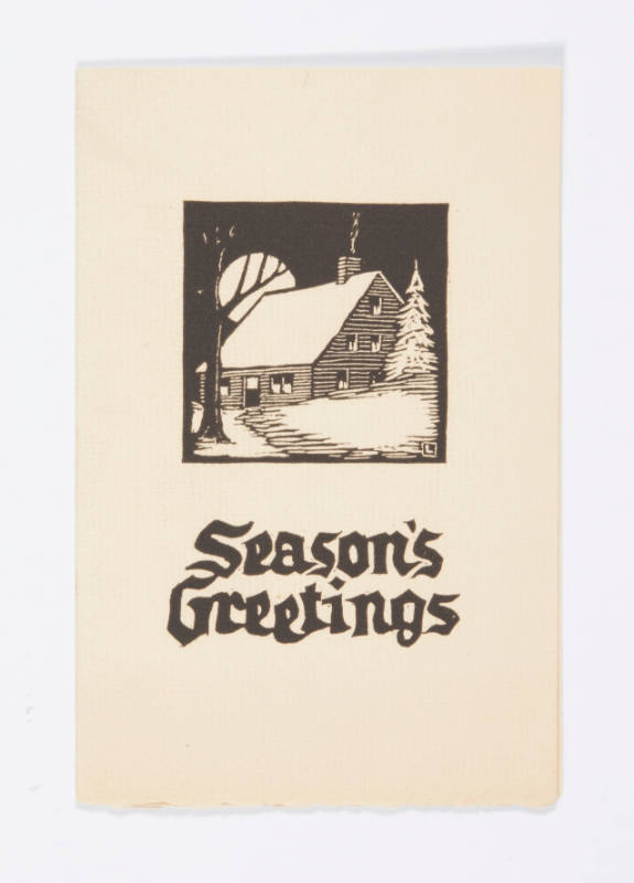 Herschel C. Logan, Seasons Greetings (Christmas card), mid 20th century, linocut, 2 5/16 x 2 1/…