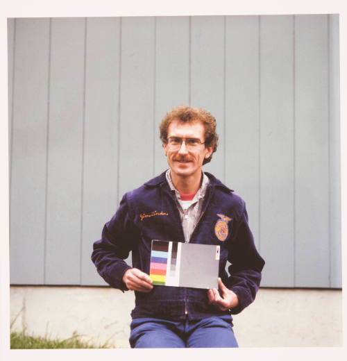 George M. Kren, Mike Ott (painting professor, University of Kansas), outside his home, Crescent…