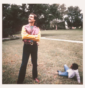 Jim Sajovic (painting professor, Kansas City Art Institute) and a kid, on KCAI campus, December 1, 1982