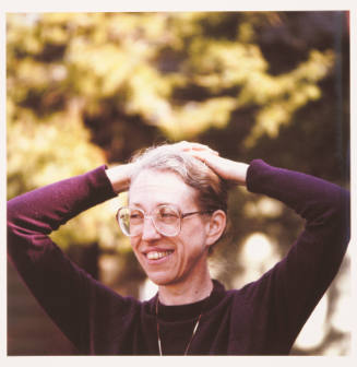 Elizabeth Schultz (English professor, University of Kansas), Front yard, Kren home, Bertrand street, Manhattan, Kansas, April 6, 1987