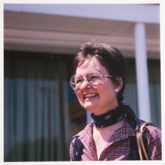 Marjorie Schick (jewelry professor, Pittsburg State University), outside restaurant, Wichita, Kansas, September 4, 1982