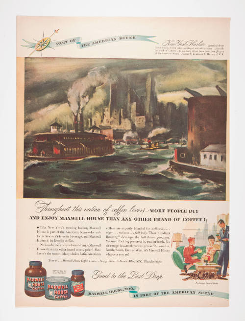Advertisement for Maxwell House featuring Ferdinand E. Warren's New York Harbor