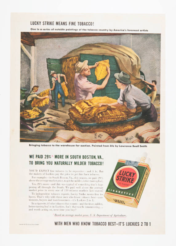 Advertisement for Lucky Strike featuring Lawrence Beall Smith's Bringing Tobacco to the Warehouse for Auction