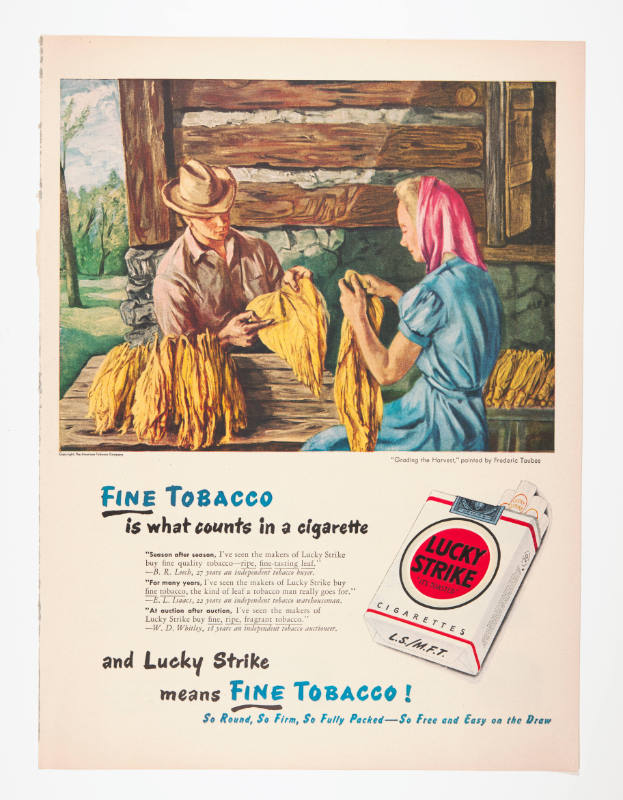 Advertisement for Lucky Strike featuring Frederic Taubes' Grading the Harvest