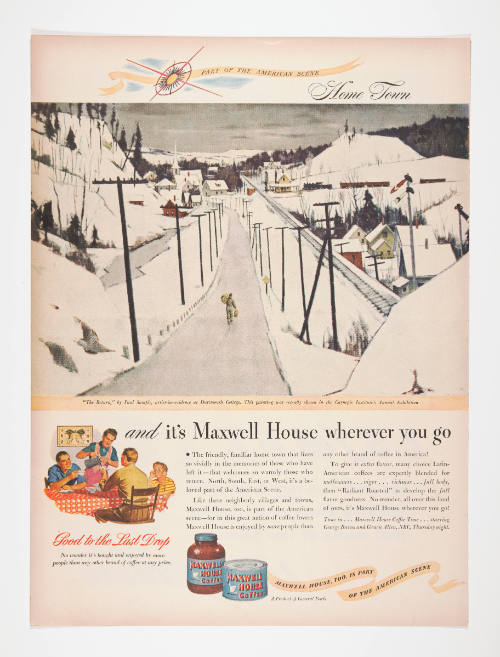 Advertisement for Maxwell House featuring Paul Sample's The Return and advertisement for Lucky Strike featuring James Chapin's Boy, That's Tobacco