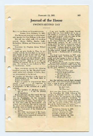 Journal of the House Twenty-Second Day, February 13, 1961 (Herschel C. Logan address to Kansas House of Representative on the occasion of the Kansas Statehood Centennial)