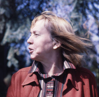 Gretchen Curacas (painter), near Howard Rogozin's studio, Melrose street, Iowa City, Iowa, April 14, 1979