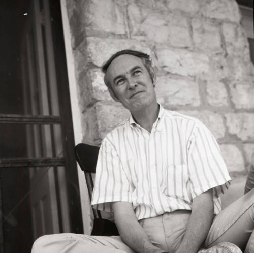 John O'Shea (printmaking professor, Kansas State University), outside art department, Kansas State University, Manhattan, February 13, 1977