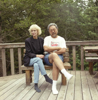 Janet Hues (artist) and Roger Shimomura (painting professor, University of Kansas), backyard, Kren home, Tatarrax Drive, Manhattan, Kansas, September 14, 1997