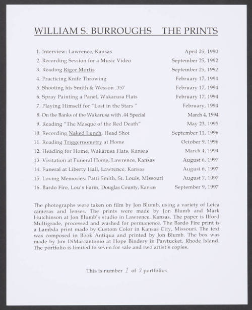 Print titles page for William S. Burroughs in Prints: A Portfolio of Original Photographs, 1990-1997