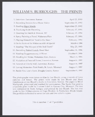 Print titles page for William S. Burroughs in Prints: A Portfolio of Original Photographs, 1990-1997