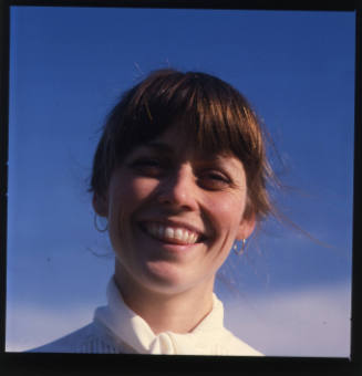 Saralyn Hardy (director, Salina Art Center), outside her home, Highland Street, Salina, Kansas, May 28, 1982