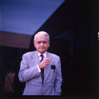 Howard Wooden (director, Wichita Art Museum), outside the museum, Wichita, Kansas, September 4, 1982