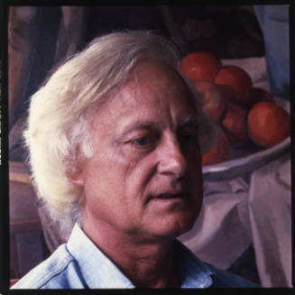 Wilbur Niewald (painting professor, Kansas City Art Institute), in hist studio, Kansas City Art Institute, September 17, 1982