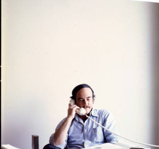Douglas Drake (owner, Douglas Drake Gallery), in his office, State Line Road, Kansas City, Kansas, May 1, 1978