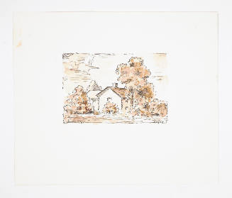Herschel C. Logan, title unknown (house with bushes), ca. 1975, watercolor and ink, 6 3/4 x 8 i…