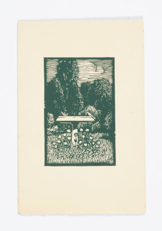 Herschel C. Logan, Christmas card with birdbath, 1925, metalcut, 3 9/16 x 2 5/16 in., Kansas St…