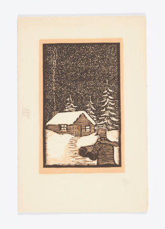 Herschel C. Logan, Cabin (Christmas card), mid 20th century, woodcut, 4 7/16 x 2 3/16 in., Kans…