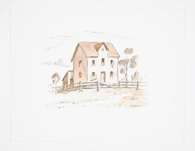 Herschel C. Logan, title unknown (house with fence), ca. 1975, watercolor and ink, 5 3/4 x 7 1/…