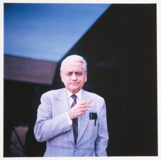 Howard Wooden (director, Wichita Art Museum), outside the museum, Wichita, Kansas, September 4, 1982