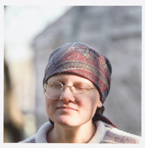 Jane Eby (printmaker), outside Reuben Saunders Gallery, Washington Street, Wichita, Kansas, September 4, 1980