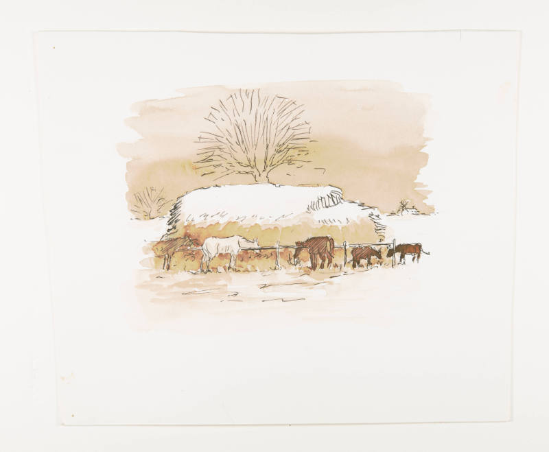 Herschel C. Logan, title unknown (horses and cows feeding), ca. 1975, watercolor and ink, 7 5/8…