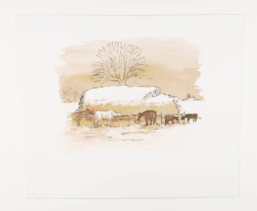 Herschel C. Logan, title unknown (horses and cows feeding), ca. 1975, watercolor and ink, 7 5/8…