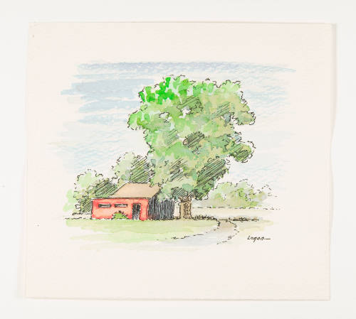 Herschel C. Logan, title unknown (adobe house with trees), ca. 1975, watercolor and ink, 5 x 5 …