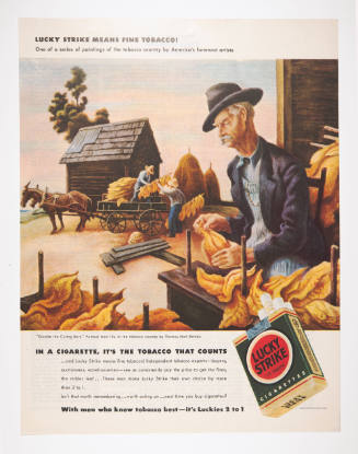 Advertisement for Lucky Strike cigarettes in the July 20, 1942, issue of Life magazine featuring Thomas Hart Benton's Outside the Curing Barn