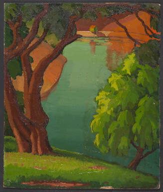Title unknown (river bend with distant red-roof building)