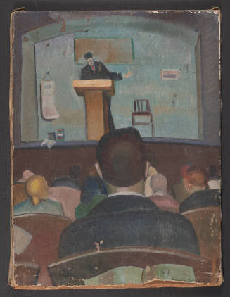 Unknown (male figure on stage before seated audience)
