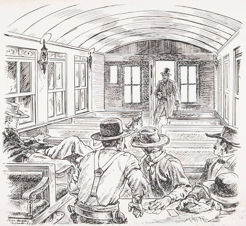 Title unknown (illustration of card players in train car with figure at door holding gun)