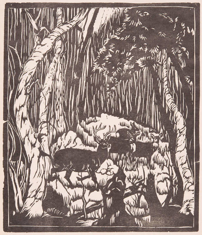 Title unknown (four deer in forest clearing)