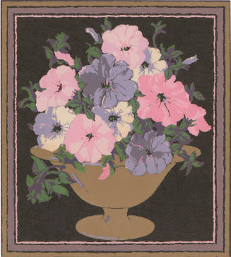 Title unknown (pink, purple, and white flowers in olive vase)