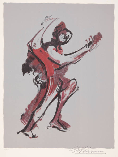 Title unknown (dark red with black contour line figural form on medium gray field)