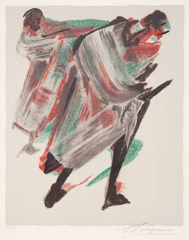Title unknown (red, green, and black shrouded figural forms on light sage field)