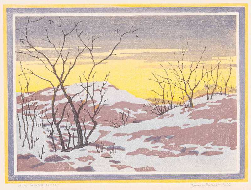 Norma Bassett Hall, Winter Sunset, 1943-1944, woodblock print, 6 3/4 x 9 3/16 in., Kansas State…