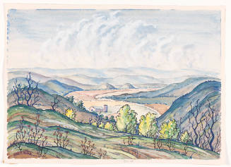 Title unknown (landscape with trees, hills, and barn)