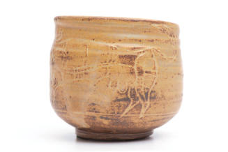 Title unknown (brown and tan pot with cave painting-like designs)